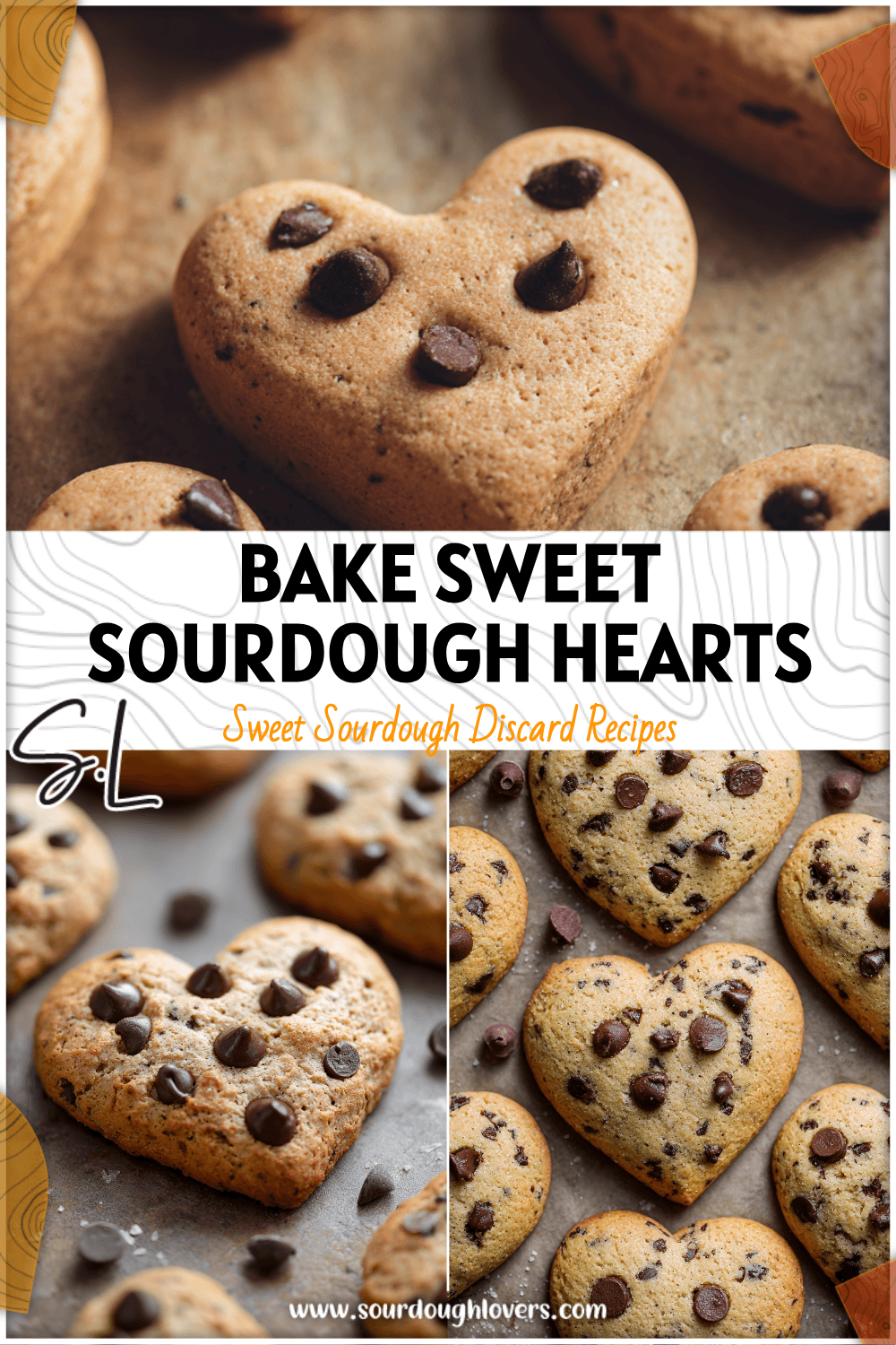 Heart-shaped sourdough chocolate chip cookies on a baking tray made with sourdough starter. 26